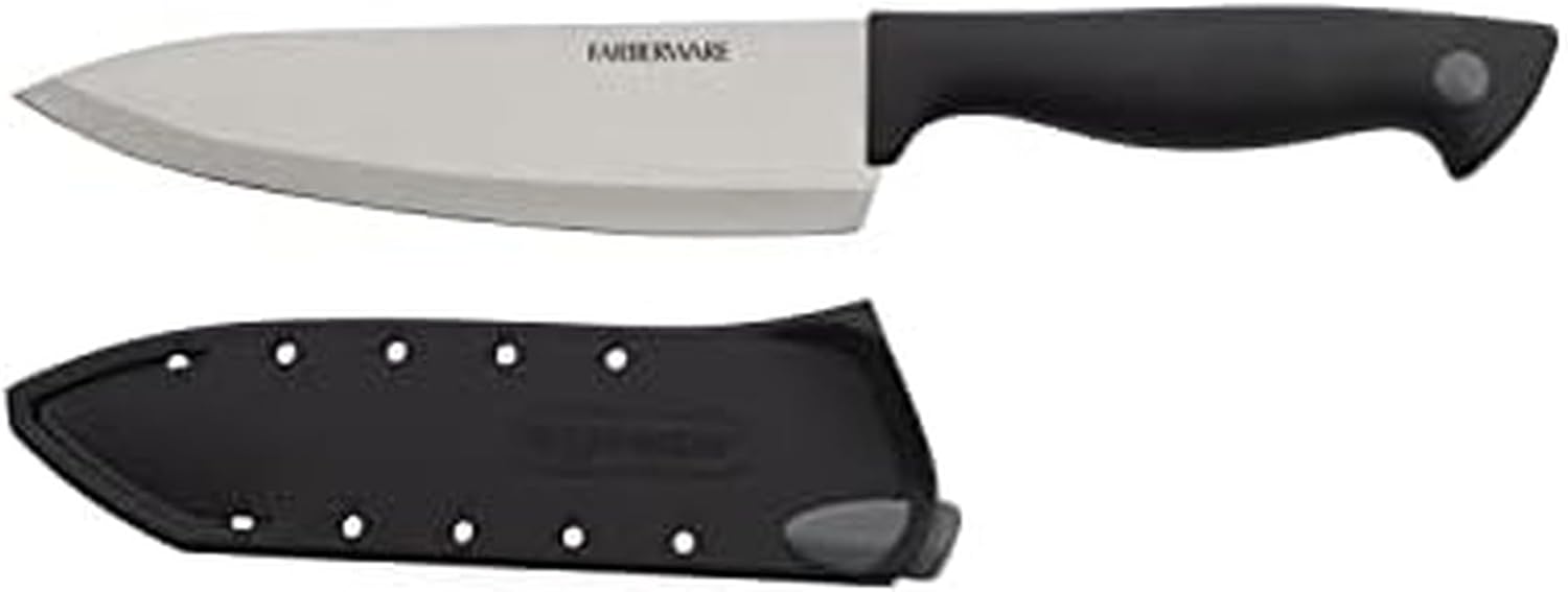 Farberware Edgekeeper 6-Inch Chef Knife with Self-Sharpening Blade Cover, High Carbon-Stainless Steel Kitchen Knife with Ergonomic Handle, Razor-Sharp Knife, Black