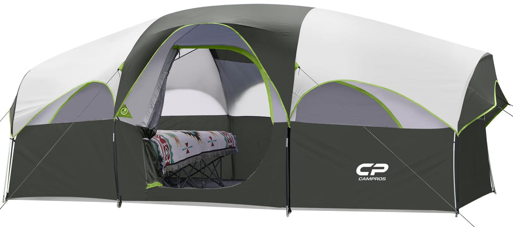 CAMPROS CP Tent 8 Person Camping Tents, Weather Resistant Family Tent, 5 Large Mesh Windows, Double Layer, Divided Curtain for Separated Room, Portable with Carry Bag