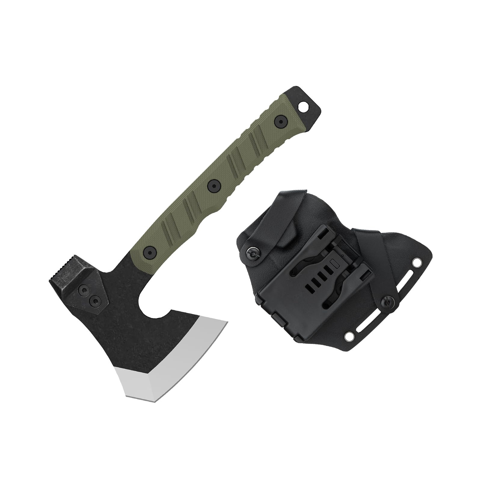 OKNIFE Otacle A1 Survival Hatchet & Camping Axe, 4 in 1 Full Tang Tactical Axe, G10 Non-Slip Grip Tomahawk with Durable Kydex Sheath (OD Green)