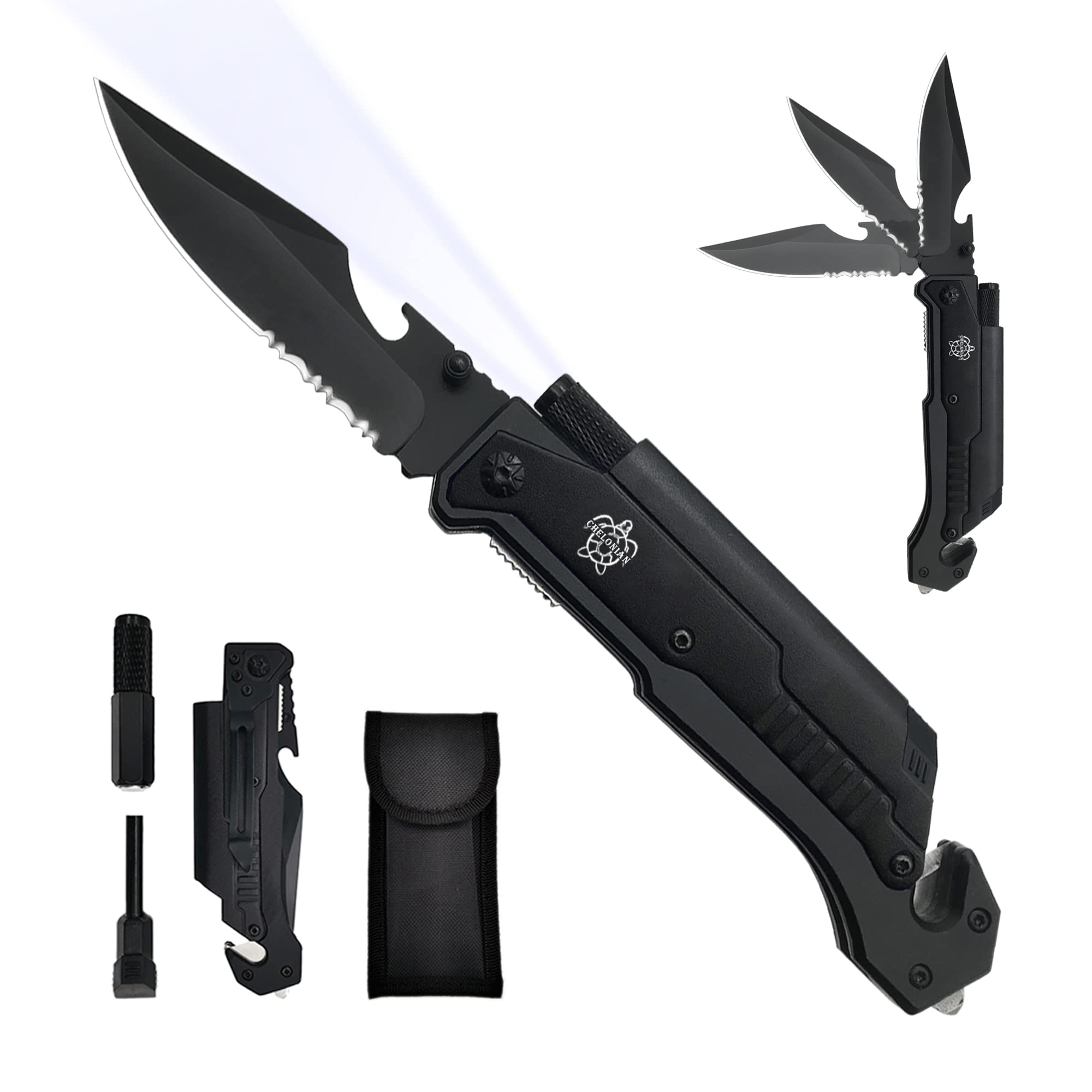 8.5" Military Outdoor Hunting Camping Pocket Knife, 7 in 1 Multi-Function Folding Knives with Fire Starter LED Light Seatbelt Cutter Glass Breaker Bottle Opener Tactical Blade (Green)