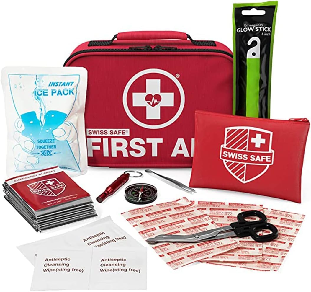 Swiss Safe 2-in-1 First Aid Kit for Car, Travel & Home, Businesses - Bonus Mini Kit for Medical Emergency Aid, Survival, Camping - FSA & HSA Eligible - 348 Pcs, Large Hardcase FAK