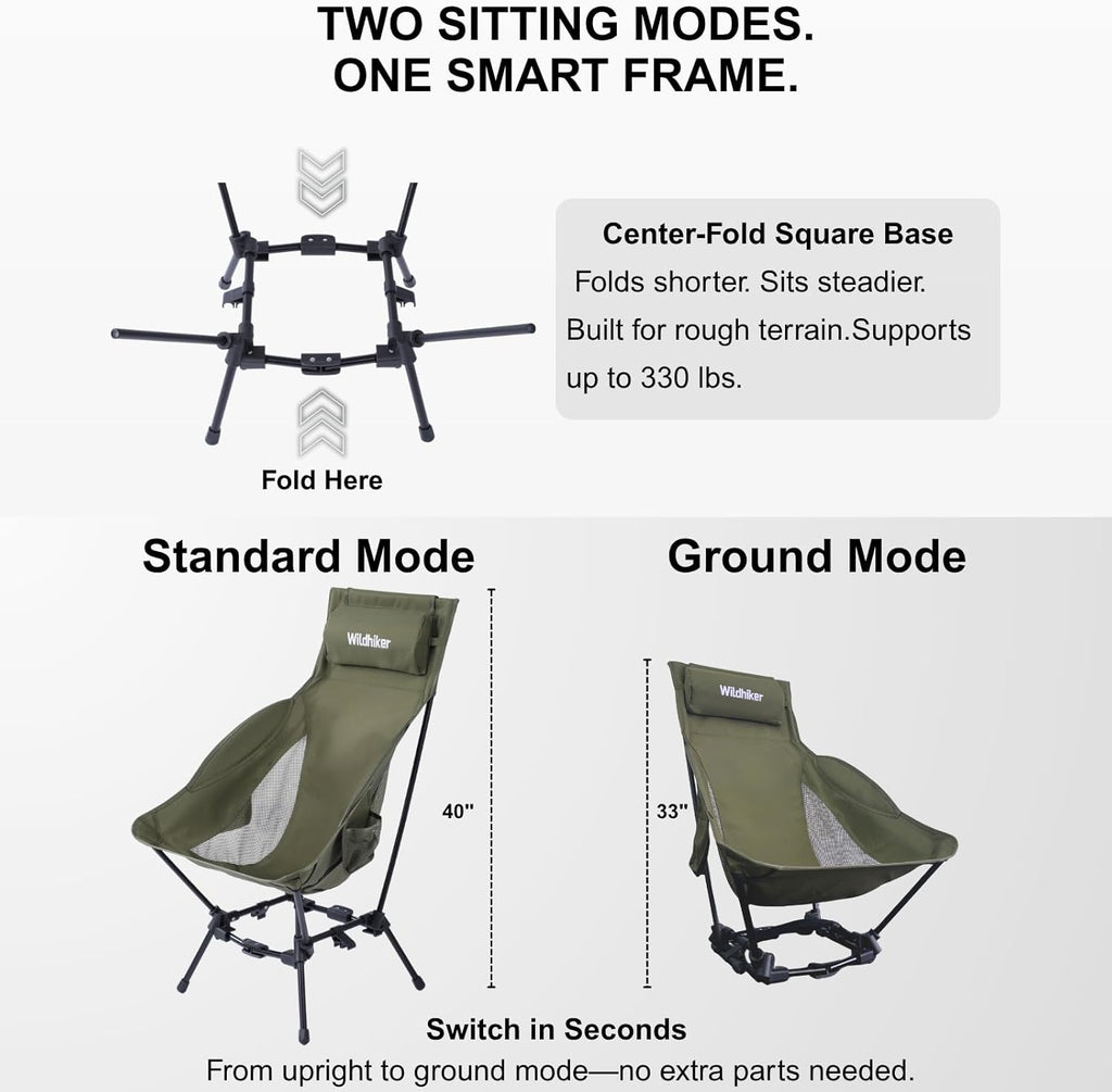 Wildhiker Portable High Back Folding Camping Chairs – Compact with Dual Sitting Modes, Pillow, Arm Pads and Side Pockets – Lightweight Chair for Motorcycle, RV, Festival, Travel – Green