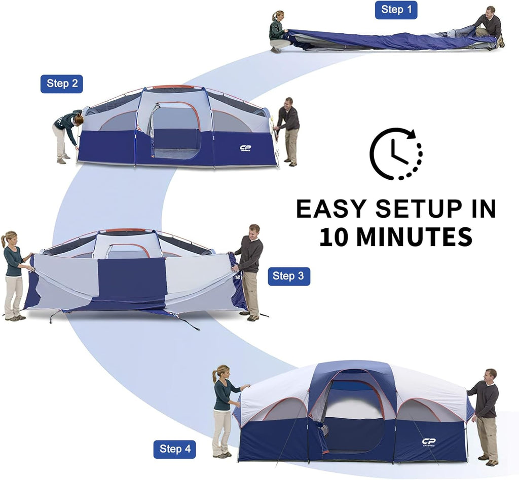 CAMPROS CP Tent 8 Person Camping Tents, Weather Resistant Family Tent, 5 Large Mesh Windows, Double Layer, Divided Curtain for Separated Room, Portable with Carry Bag