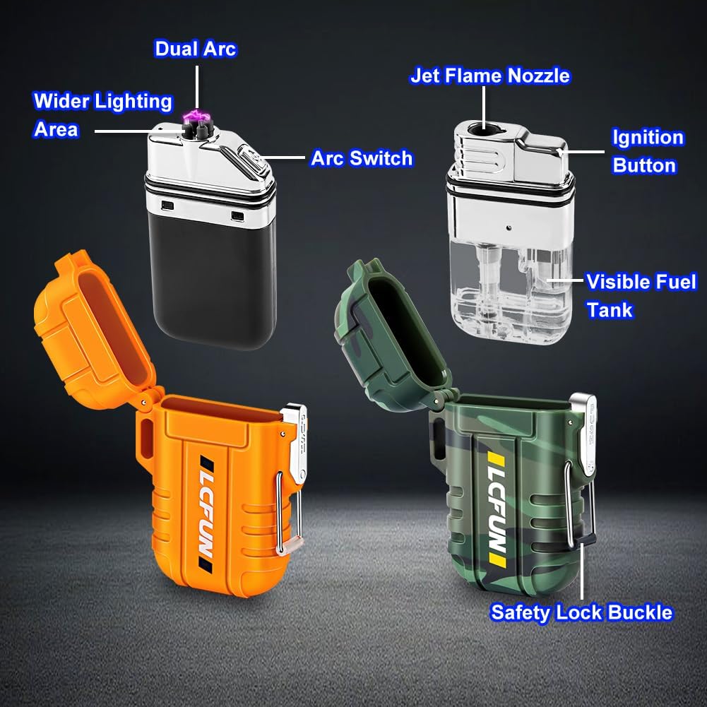 LcFun 2 Pack Waterproof Outdoor Lighter, Windproof Torch Lighters Butane Refillable, Electric Dual Arc Plasma Lighter USB Rechargeable, Tactical Survival Gear Gadgets for Men for Camping, Hiking