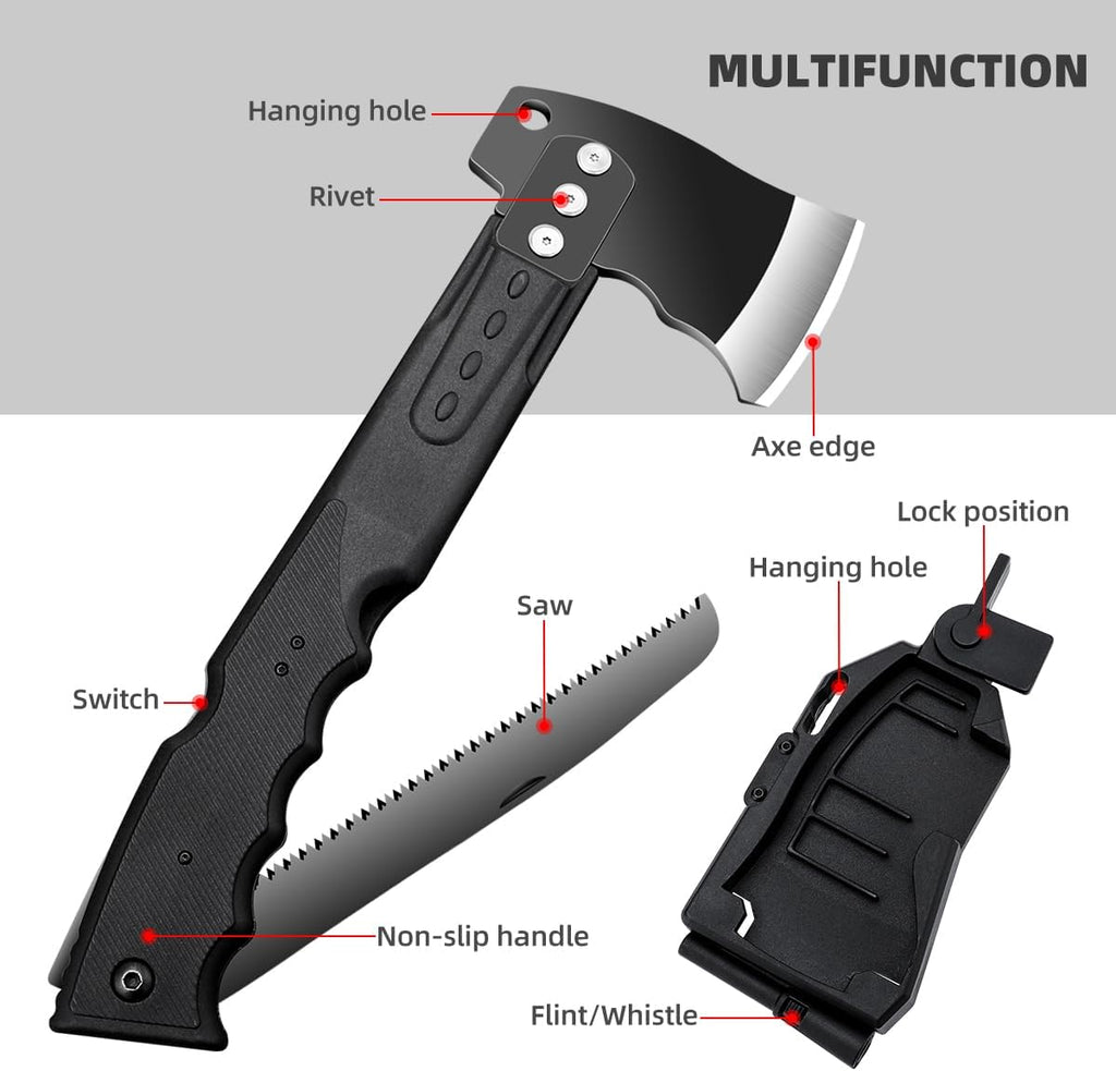 Multifunctional Hammer Head Axe Survival Tactical Tool - Folding Saw, Flintstone Whistle with Axe Sheath - Camping Hatchet for Outdoor Hiking
