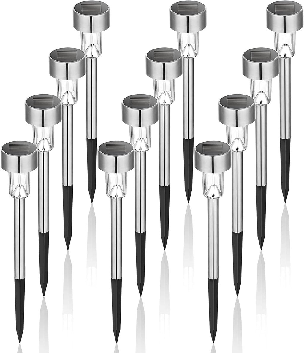 GIGALUMI Solar Lights Outdoor Waterproof, 12 Pack, Stainless Steel LED Solar Garden Lights for Patio, Lawn, Yard and Landscape, Cold White