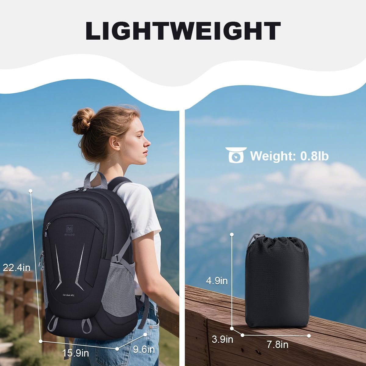 MIYCOO Backpack - Ultra Lightweight Packable Backpack for Travel Camping, 45L Hiking Back Pack Waterproof Foldable Daypack for Men Women Black