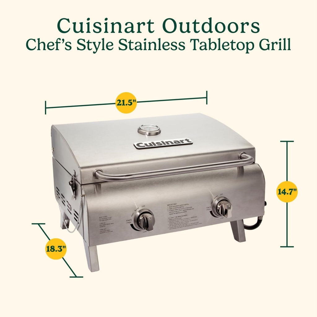 Cuisinart Chef's Style Tabletop Portable Propane Gas Grill, 20,000 BTU Stainless Steel 2-Burner Outdoor BBQ Grill for Camping, Tailgates, BBQ, Hassle-Free Setup