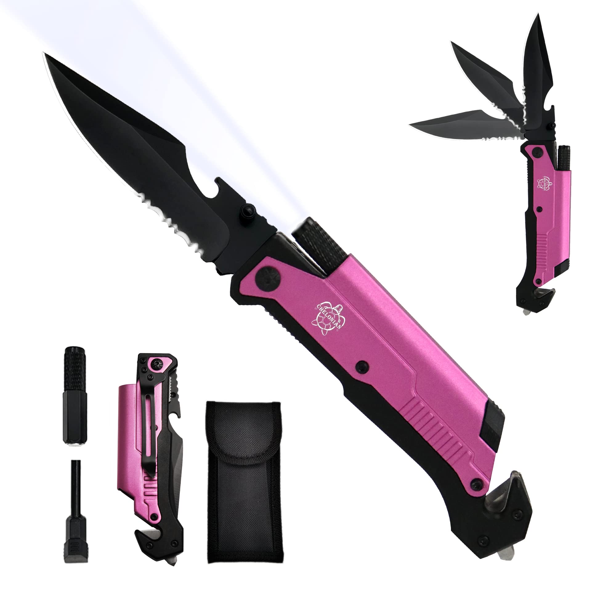 8.5" Military Outdoor Hunting Camping Pocket Knife, 7 in 1 Multi-Function Folding Knives with Fire Starter LED Light Seatbelt Cutter Glass Breaker Bottle Opener Tactical Blade (Green)