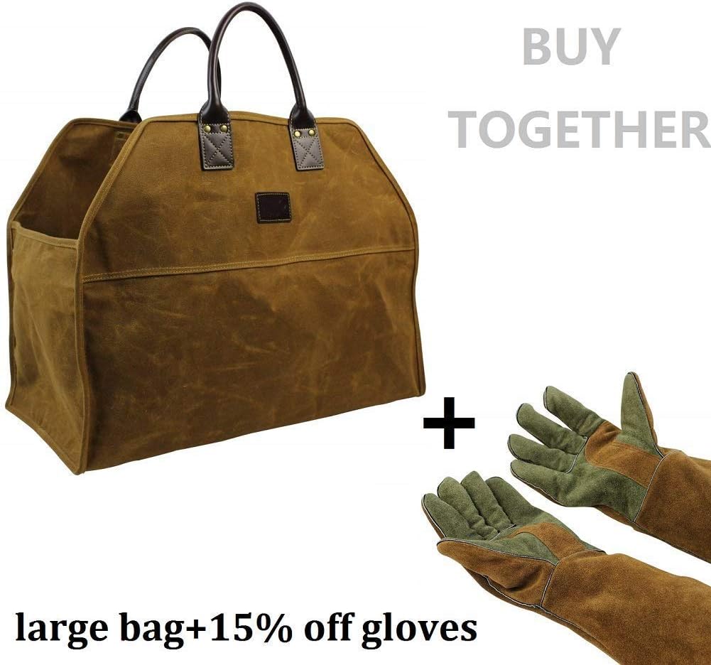 INNO STAGE Heavy Duty Wax Canvas Log Carrier Tote,Large Fire Wood Bag,Durable Firewood Holder,Canvas Shopping Bags, Fireplace Wood Stove Accessories Storage Bag for Fire Pit for Camping, BBQ Barbecue