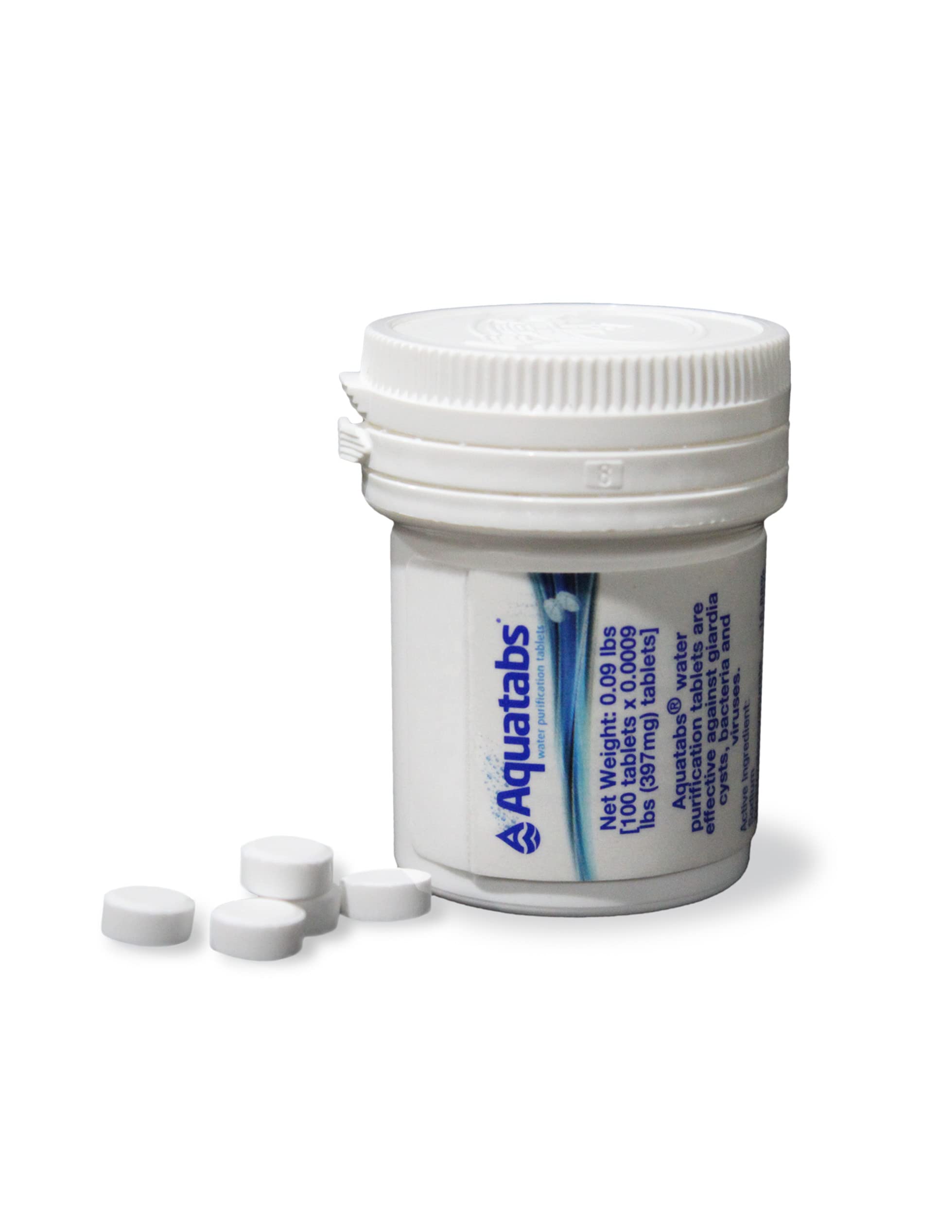 Aquatabs 49mg Water Purification Tablets (100 Pack). Water Filtration System for Hiking, Backpacking, Camping, Emergencies, Survival, and Home-Use. Easy to Use Treatment and Disinfection.
