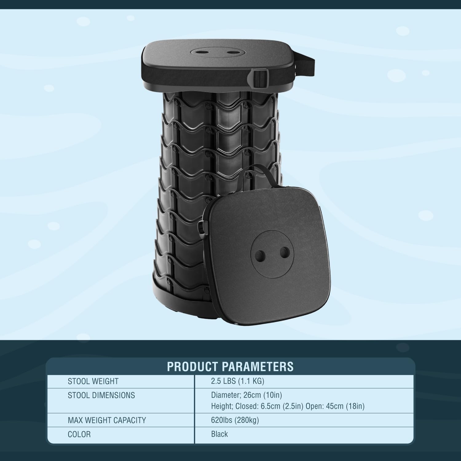 NUMANU 2025 Upgraded Square Collapsible Stool & 3IN1 Cushioned Carry Bag, Adjustable Height Folding Stool, Telescopic Camping Chair Retractable Seat or Footrest for Outdoors & Travel, 18" Max 620lbs