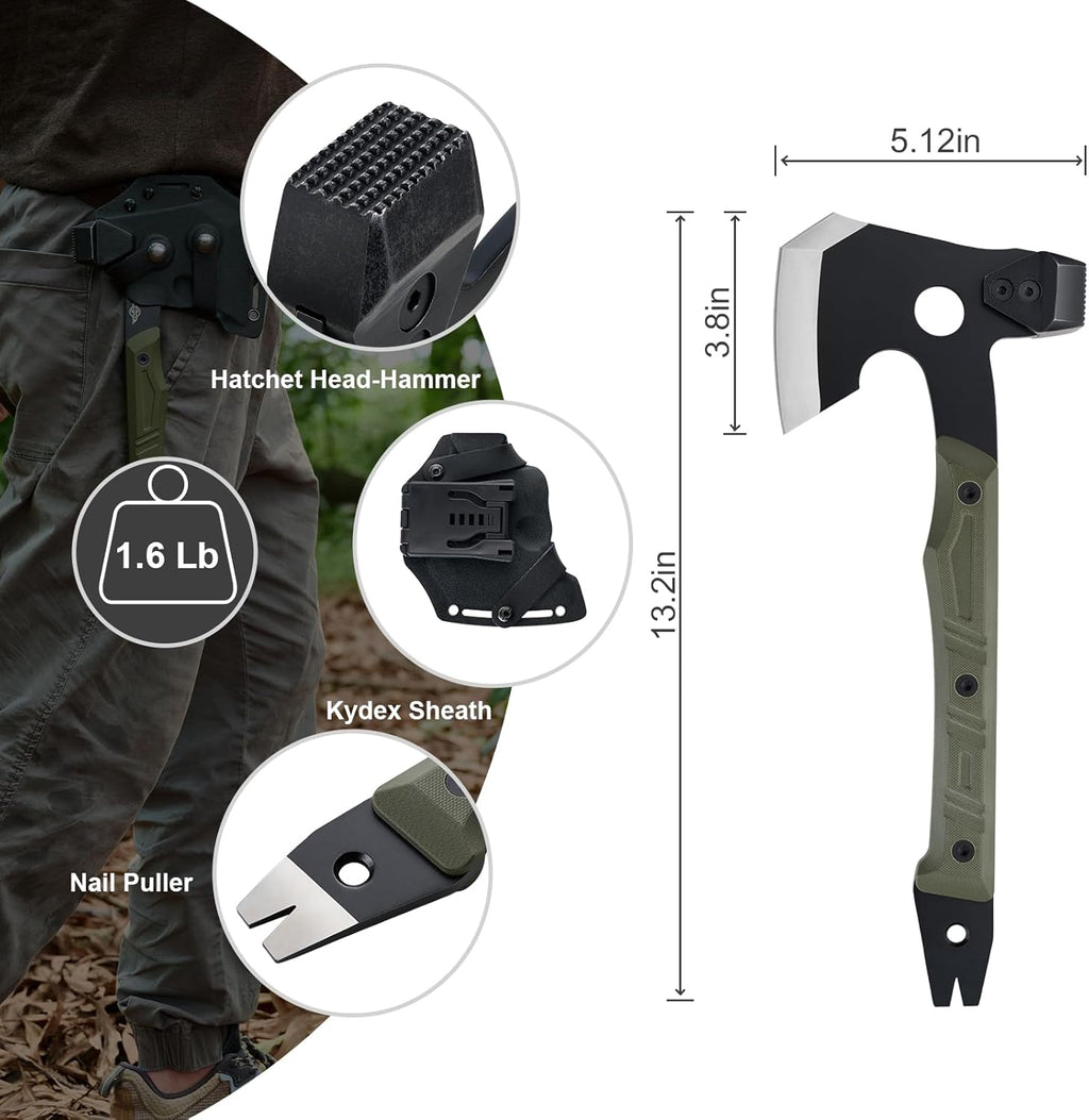 OKNIFE Otacle A1 Survival Hatchet & Camping Axe, 4 in 1 Full Tang Tactical Axe, G10 Non-Slip Grip Tomahawk with Durable Kydex Sheath (OD Green)