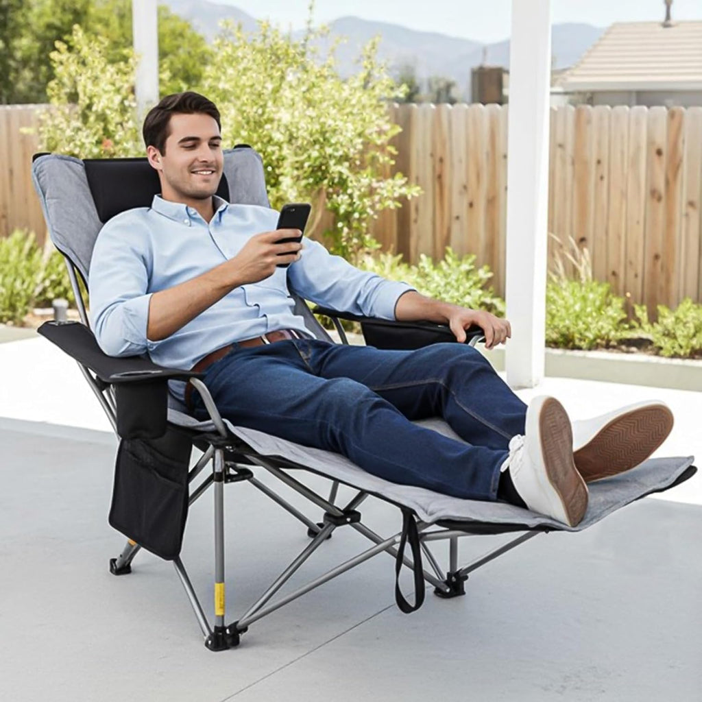 Romswi 4-Position Reclining Camping Chair with Removable Footrest, Blanket Cotton Cushion, 2-in-1 Adjustable Portable Lounge Chair with Cooler Bag, Cup Holder, Side Pockets & Carry Bag for Outdoor