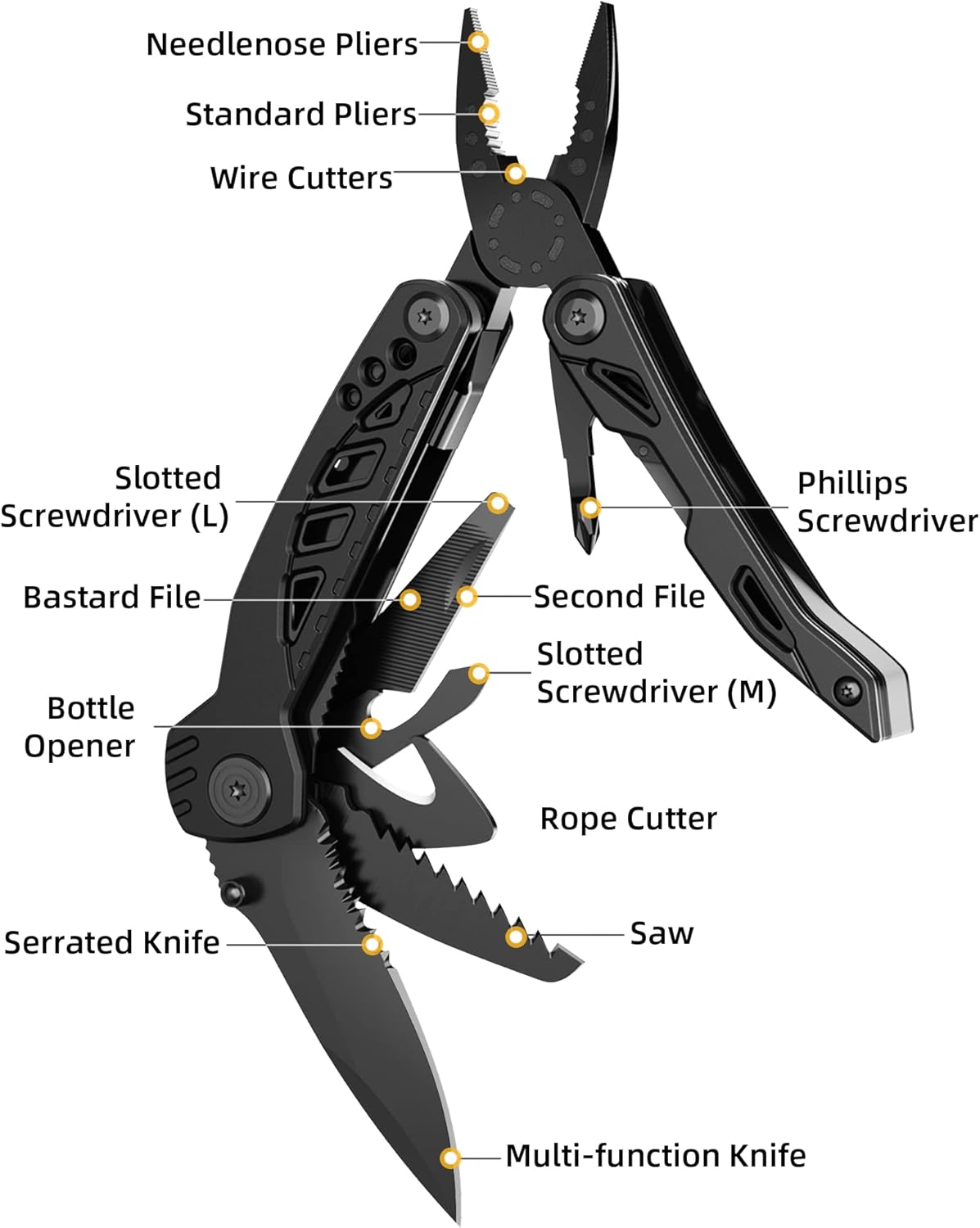 Pohaku Multitool Knife, Pohaku 13 in 1 Pocket Multitool, Multi Tool with 3" Large Blade, Safety Locking Design, Spring-Action Plier, Durable Nylon Sheath for Outdoor, Camping, Fishing, Survival,Hiking