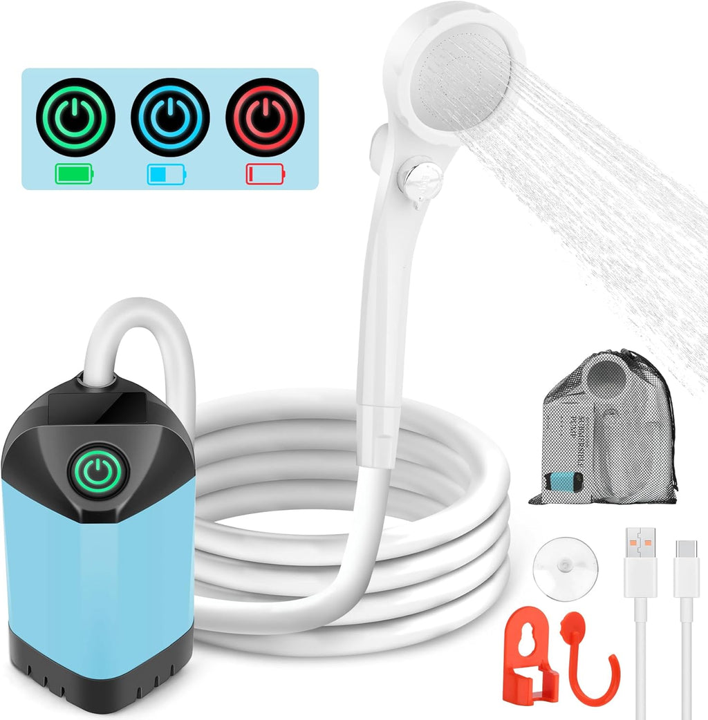 Portable Shower for Camping, 7800mAh Rechargeable Camping Shower with 3 Spray Modes, IPX7 Waterproof Portable Shower Pump for Outdoor, Hiking, Travel, Car, Pet-Long-Lasting Battery & Powerful Suction