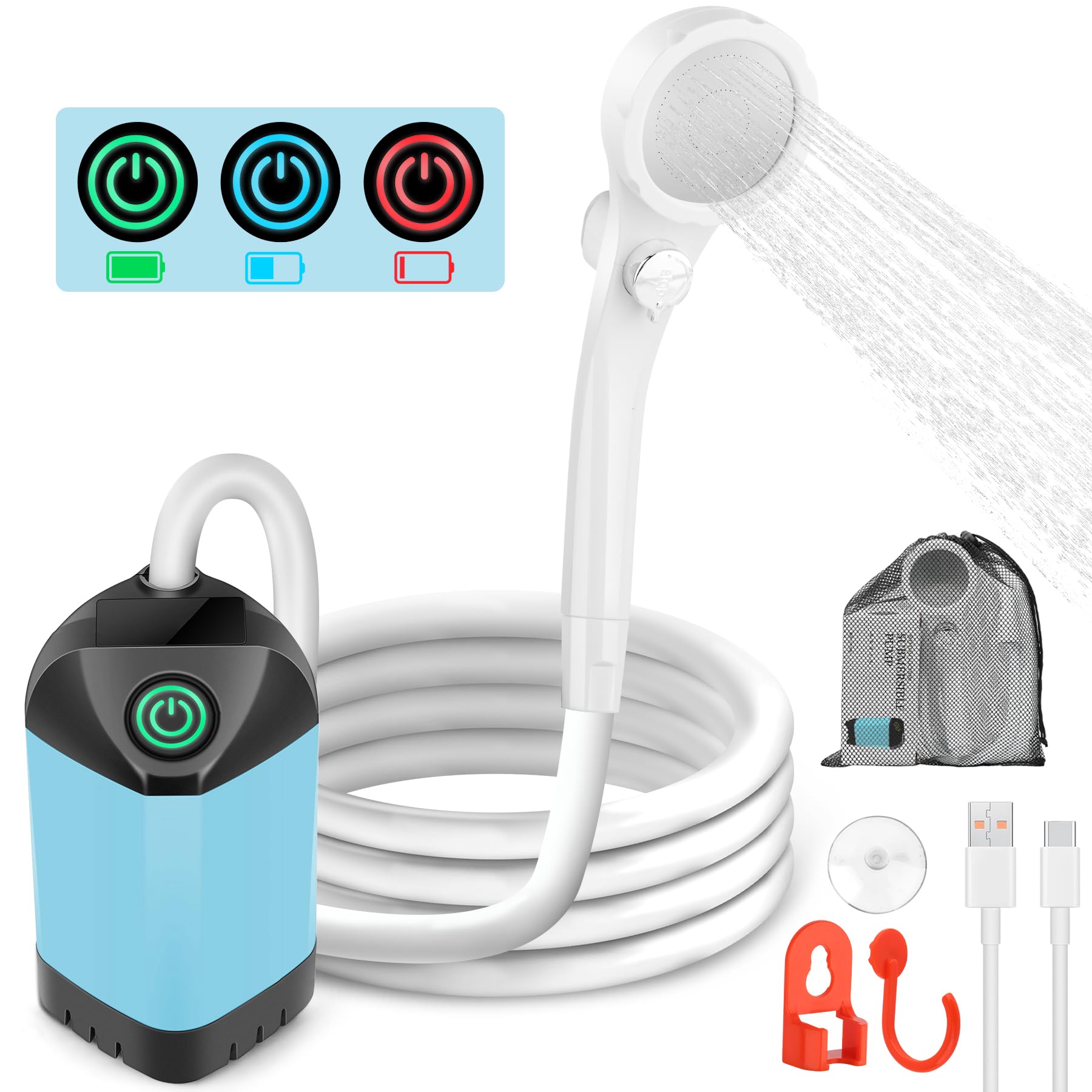 Portable Shower for Camping, 7800mAh Rechargeable Camping Shower with 3 Spray Modes, IPX7 Waterproof Portable Shower Pump for Outdoor, Hiking, Travel, Car, Pet-Long-Lasting Battery & Powerful Suction