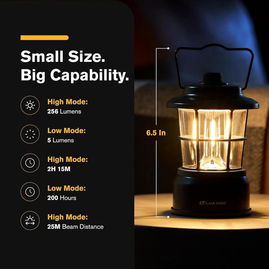 LUXPRO Retro LED Lantern - Battery-Powered Emergency Lantern - Water Resistant - Bright LED Lamp for Indoor & Outdoor Use - Use for Tents, Hiking or Hurricane Prep (Blac, Pack of 1)