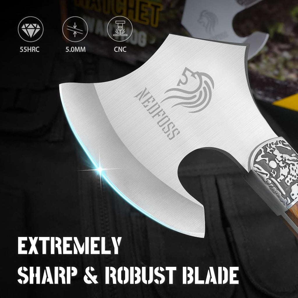 NedFoss Warthog Camping Axe, 9" Full Tang Small Axe with Leather Sheath, Survival Hatchet with Wood Handle, Tomahawk for Outdoor Backpacking, Bushcraft, Hiking