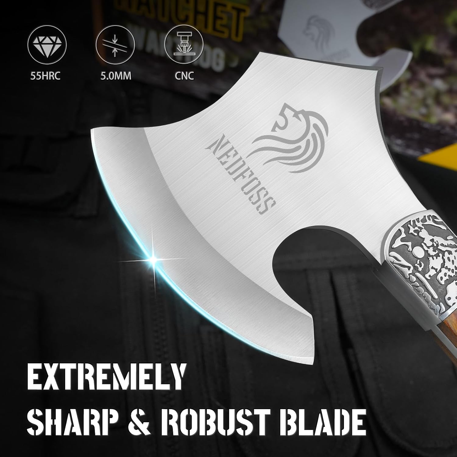 NedFoss Warthog Camping Axe, 9" Full Tang Small Axe with Leather Sheath, Survival Hatchet with Wood Handle, Tomahawk for Outdoor Backpacking, Bushcraft, Hiking