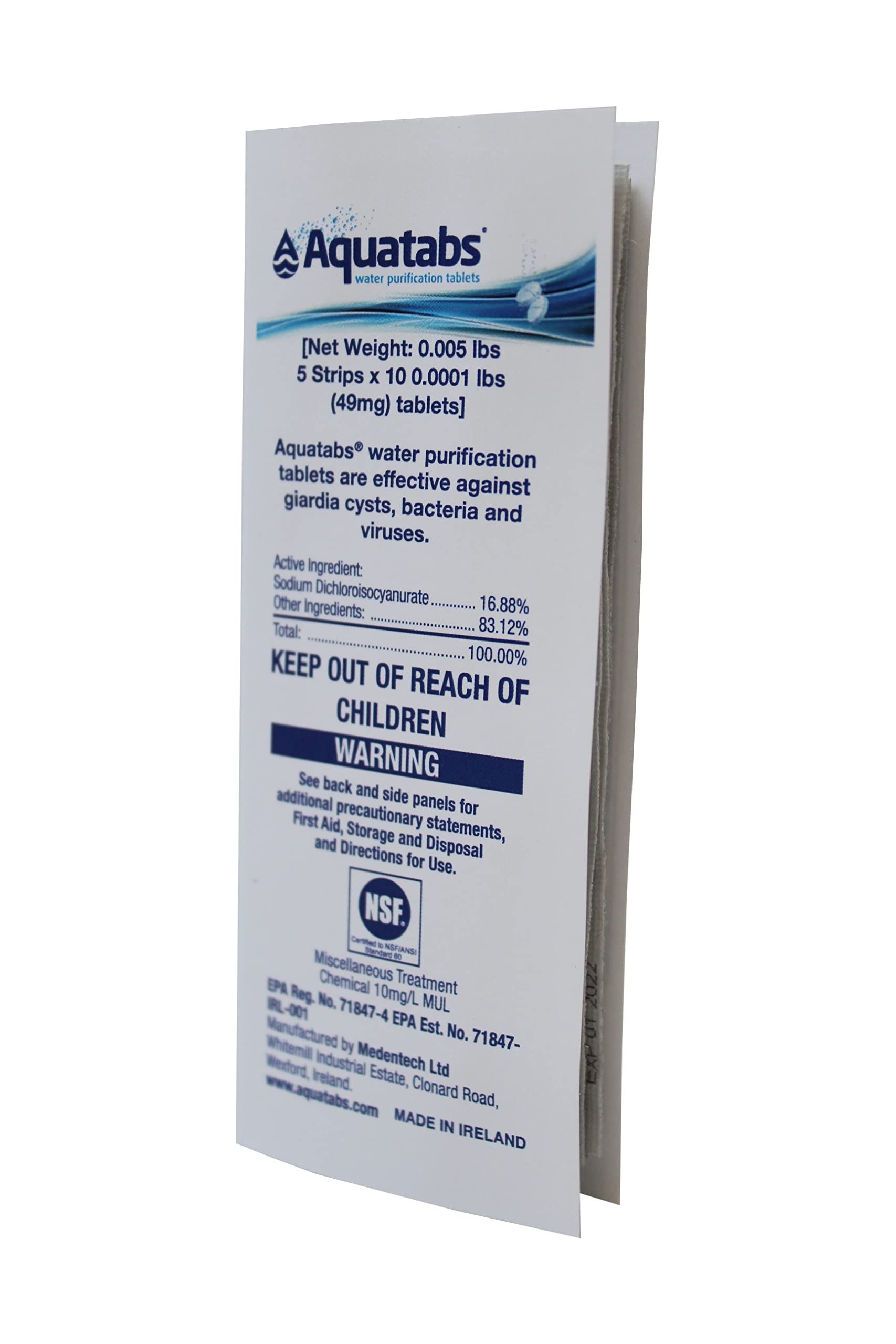 Aquatabs 49mg Water Purification Tablets (100 Pack). Water Filtration System for Hiking, Backpacking, Camping, Emergencies, Survival, and Home-Use. Easy to Use Treatment and Disinfection.