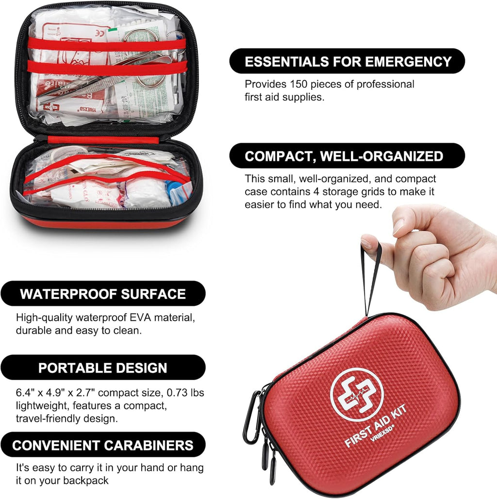 Mini First Aid Kit - 150 Piece Small Waterproof Hard Shell Medical Kit for Home, Car, Travel, Camping, Truck, Hiking, Sports, Office, Vehicle & Outdoor Emergencies- Small First Aid Medical Kit (Red)