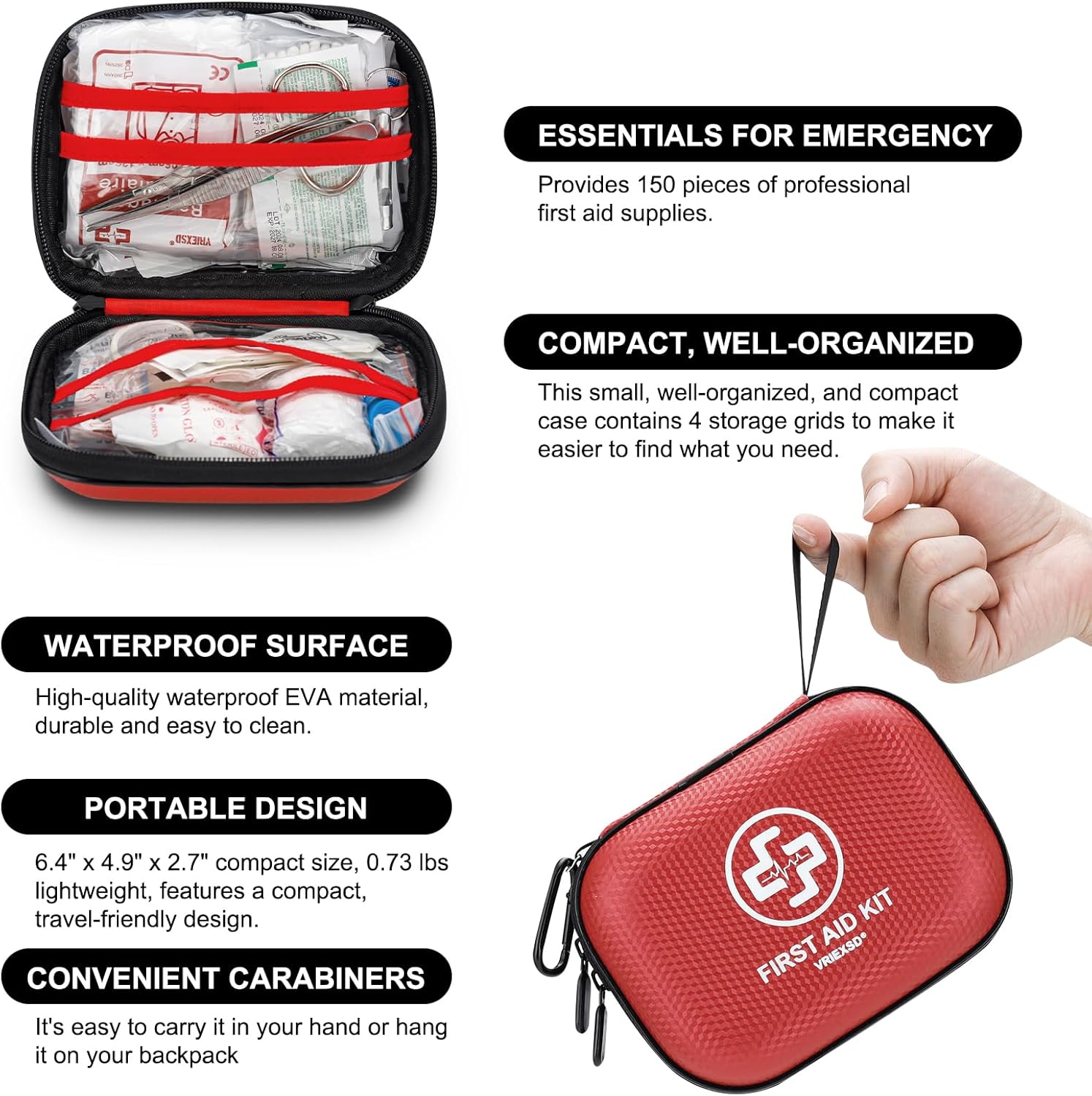 Mini First Aid Kit - 150 Piece Small Waterproof Hard Shell Medical Kit for Home, Car, Travel, Camping, Truck, Hiking, Sports, Office, Vehicle & Outdoor Emergencies- Small First Aid Medical Kit (Red)