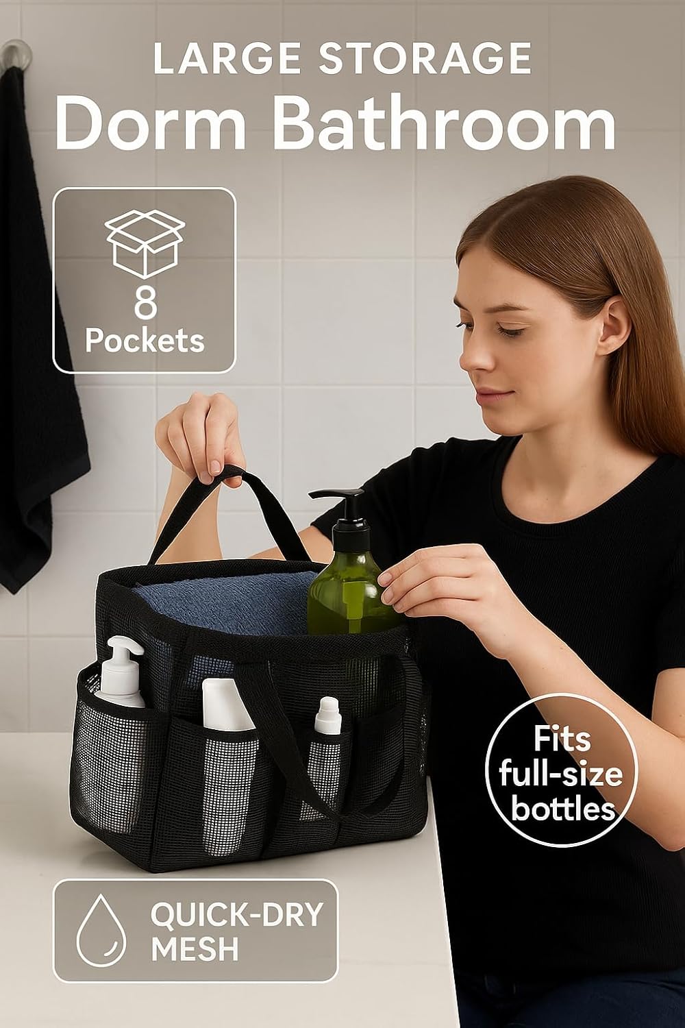 F-color Mesh Shower Caddy Portable, Upgrade Deeper 7 Pockets Shower Bag Basket Tote for College Dorm Room Toiletry Bathroom Essentials Gym Camp Quick Dry 2 handles with S Hook, Black