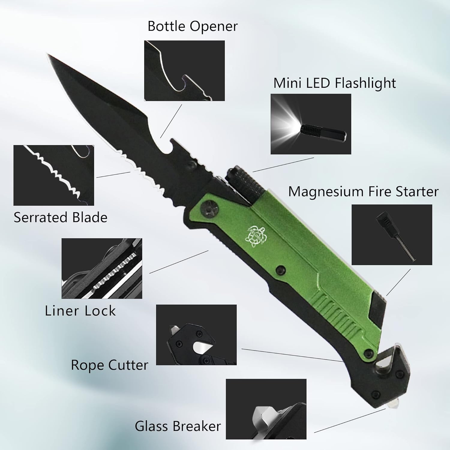 8.5" Military Outdoor Hunting Camping Pocket Knife, 7 in 1 Multi-Function Folding Knives with Fire Starter LED Light Seatbelt Cutter Glass Breaker Bottle Opener Tactical Blade (Green)