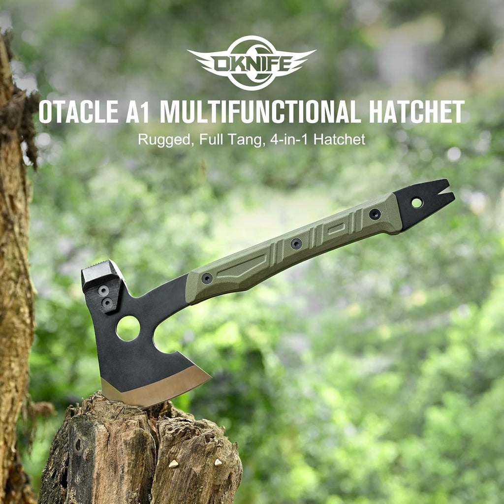 OKNIFE Otacle A1 Survival Hatchet & Camping Axe, 4 in 1 Full Tang Tactical Axe, G10 Non-Slip Grip Tomahawk with Durable Kydex Sheath (OD Green)