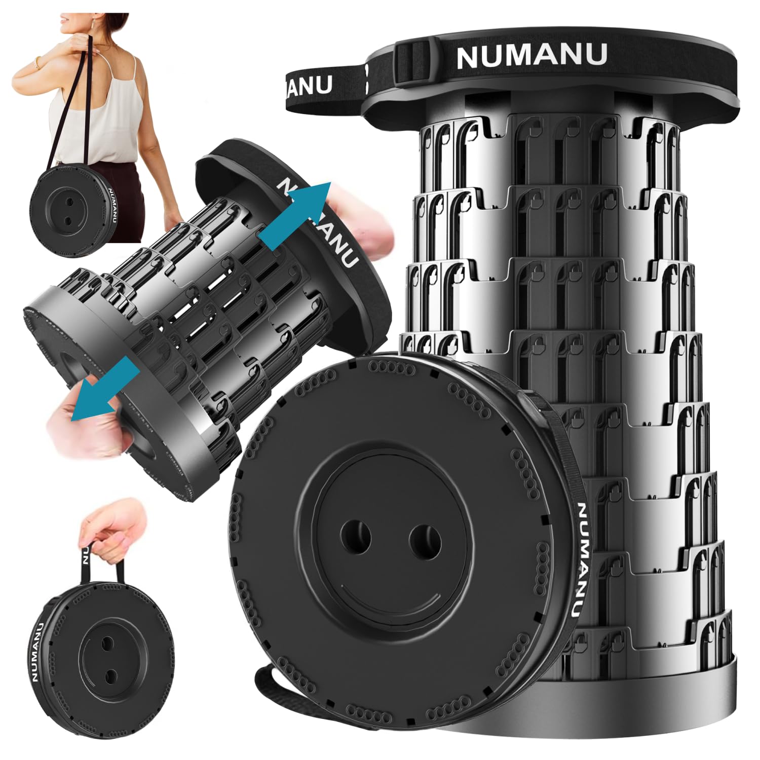 NUMANU 2025 Upgraded Square Collapsible Stool & 3IN1 Cushioned Carry Bag, Adjustable Height Folding Stool, Telescopic Camping Chair Retractable Seat or Footrest for Outdoors & Travel, 18" Max 620lbs