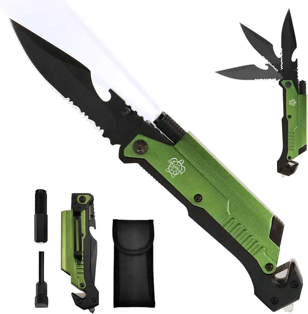 8.5" Military Outdoor Hunting Camping Pocket Knife, 7 in 1 Multi-Function Folding Knives with Fire Starter LED Light Seatbelt Cutter Glass Breaker Bottle Opener Tactical Blade (Green)