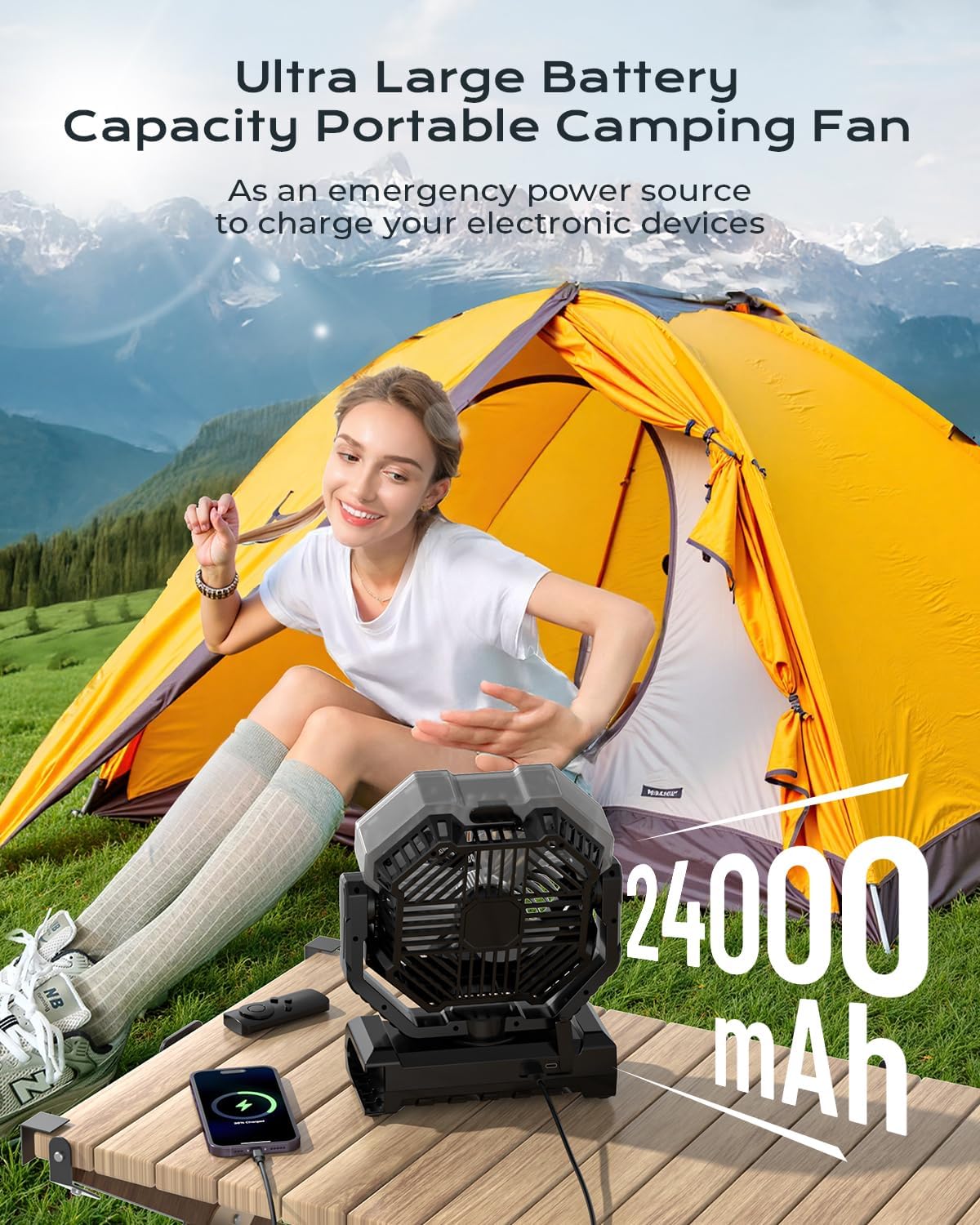 Misting Fan Portable with 250ml Water Tank, 24000mAh Rechargeable Cooling Fans for Outside, Outdoor Water Misters with 2 Mist Modes, Remote Control Camping Fan with Timer for Beach, Patios, Tents