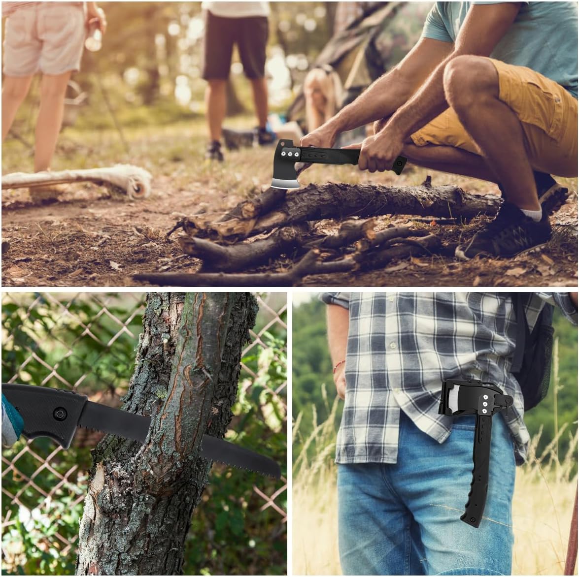 Multifunctional Hammer Head Axe Survival Tactical Tool - Folding Saw, Flintstone Whistle with Axe Sheath - Camping Hatchet for Outdoor Hiking