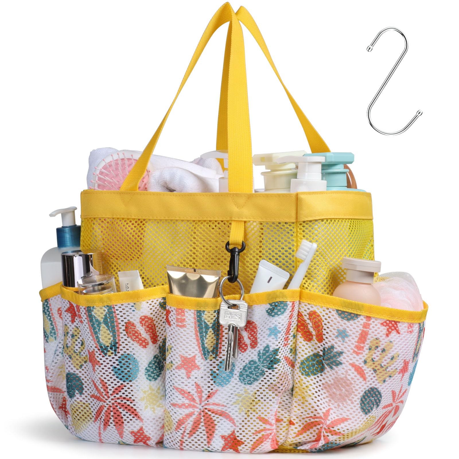 F-color Mesh Shower Caddy Portable, Upgrade Deeper 7 Pockets Shower Bag Basket Tote for College Dorm Room Toiletry Bathroom Essentials Gym Camp Quick Dry 2 handles with S Hook, Black