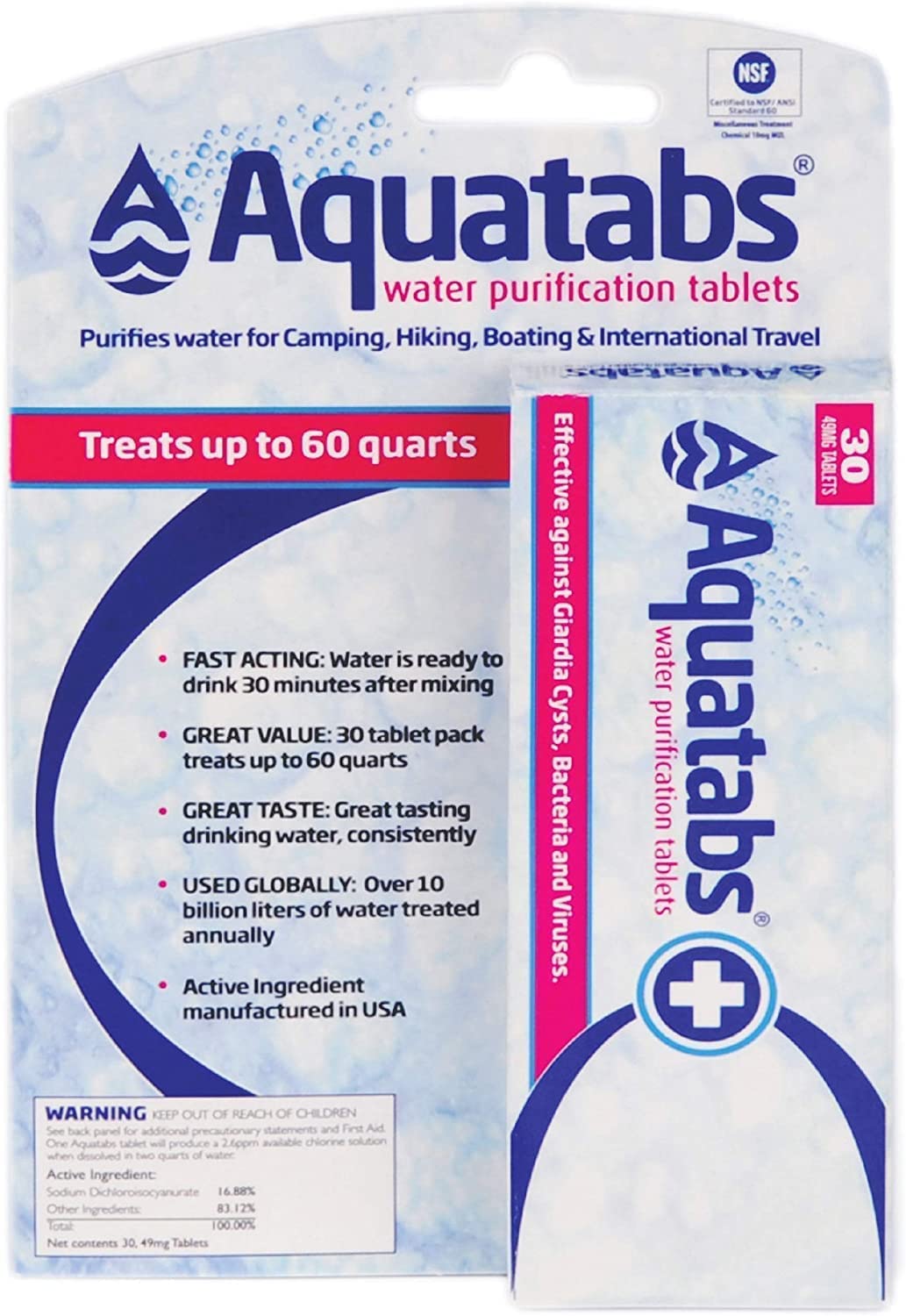 Aquatabs 49mg Water Purification Tablets (100 Pack). Water Filtration System for Hiking, Backpacking, Camping, Emergencies, Survival, and Home-Use. Easy to Use Treatment and Disinfection.