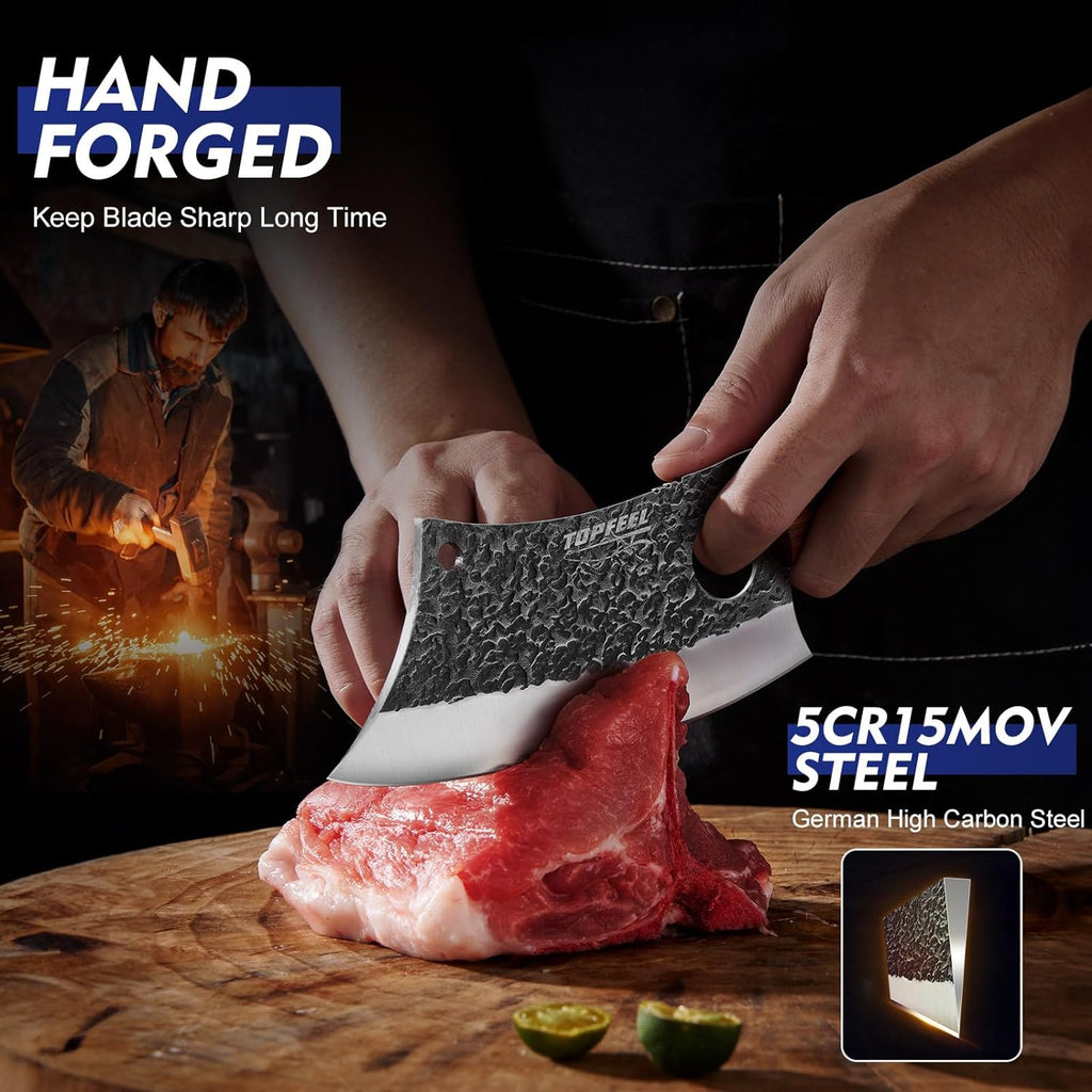 3PCS Butcher Knife Set, Hand Forged Serbian Chef Knives & Meat Cleaver & Viking Knives, Meat Cutting Kitchen Knife Set for Home, Outdoor Cooking, Camping BBQ Gift Idea Men