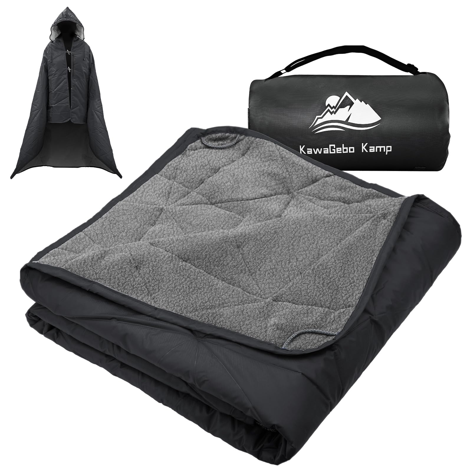 Outdoor Waterproof Blanket, Foldable Fleece Stadium Blanket for Outdoor Sports Event, Camping, Car, Pet, Picnics - Windproof, Wearable, Machine Washable 80" x 58" (Black Gray)