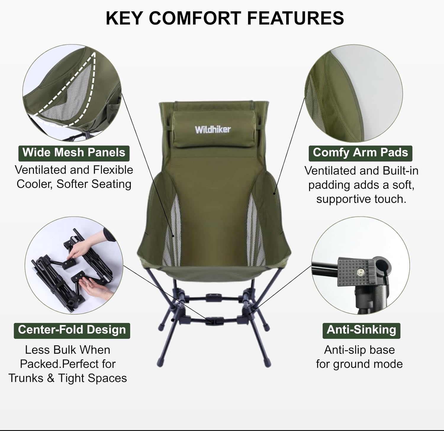 Wildhiker Portable High Back Folding Camping Chairs – Compact with Dual Sitting Modes, Pillow, Arm Pads and Side Pockets – Lightweight Chair for Motorcycle, RV, Festival, Travel – Green