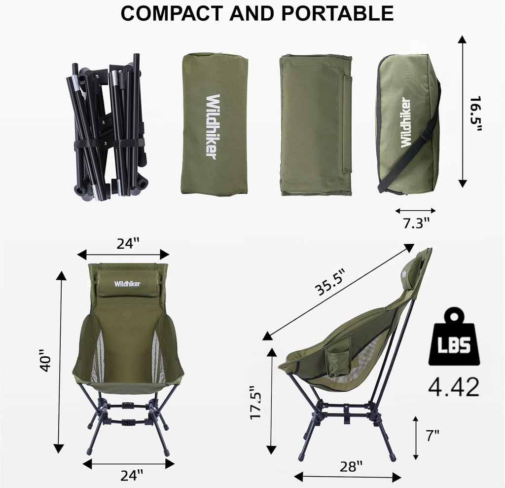 Wildhiker Portable High Back Folding Camping Chairs – Compact with Dual Sitting Modes, Pillow, Arm Pads and Side Pockets – Lightweight Chair for Motorcycle, RV, Festival, Travel – Green