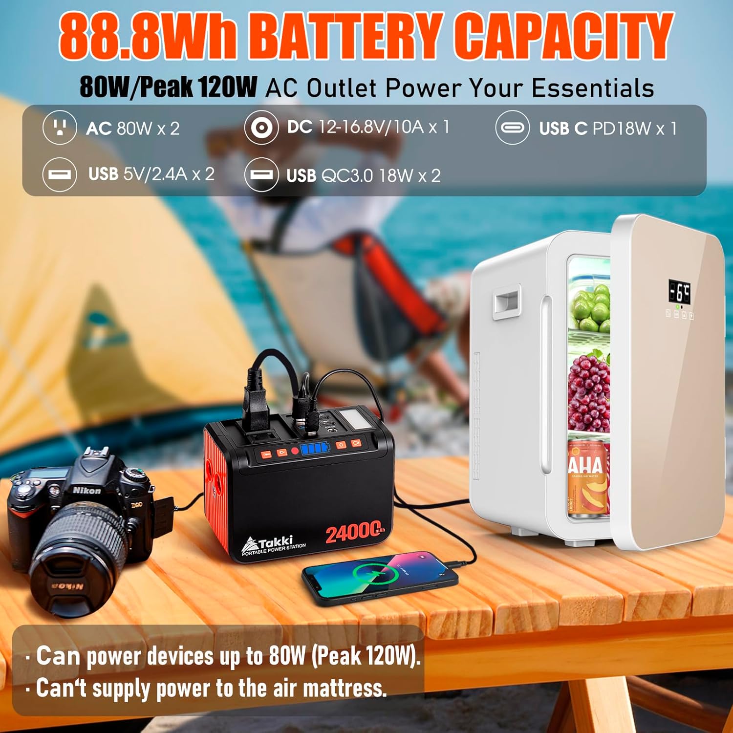 Takki 88.8Wh Portable Power Station Lithium Battery Solar Generator Power Bank with 110V AC Outlet Battery Backup for Camping Home Use Emergency(Solar Panel Optional)