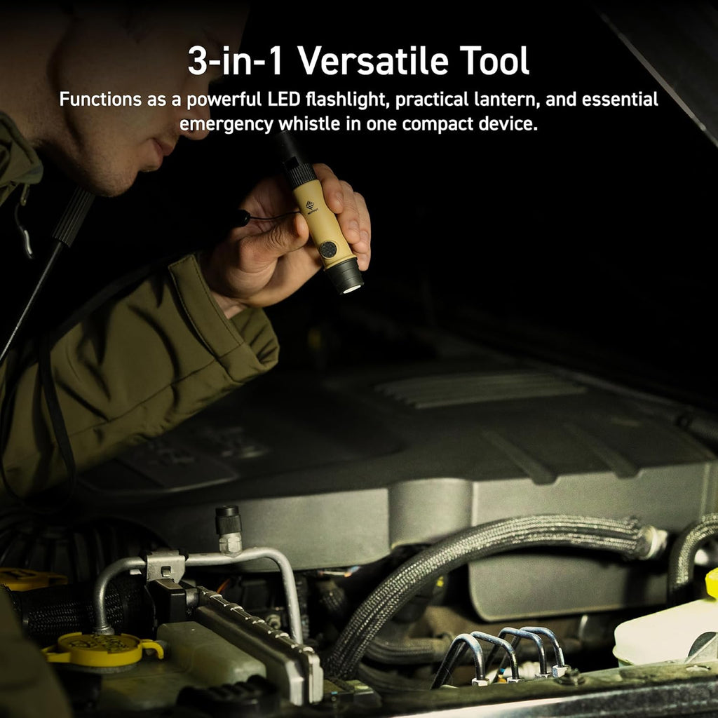 3-in-1 Flashlight, Lantern & Whistle, IP44 Water-Resistant, Dust-Resistant, AAA Battery Powered, Compact for Hiking, Camping, Rescue, Emergency, Lanyard Included (Beige)