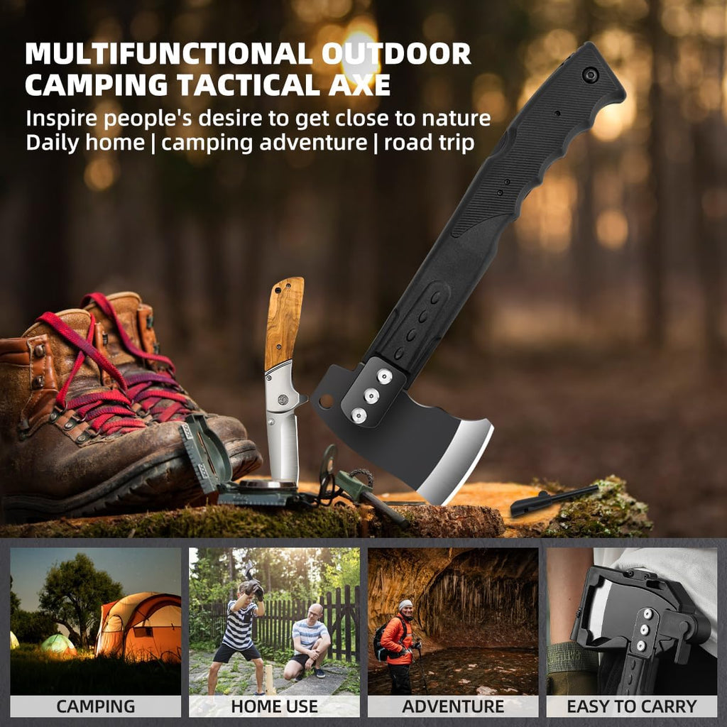 Multifunctional Hammer Head Axe Survival Tactical Tool - Folding Saw, Flintstone Whistle with Axe Sheath - Camping Hatchet for Outdoor Hiking