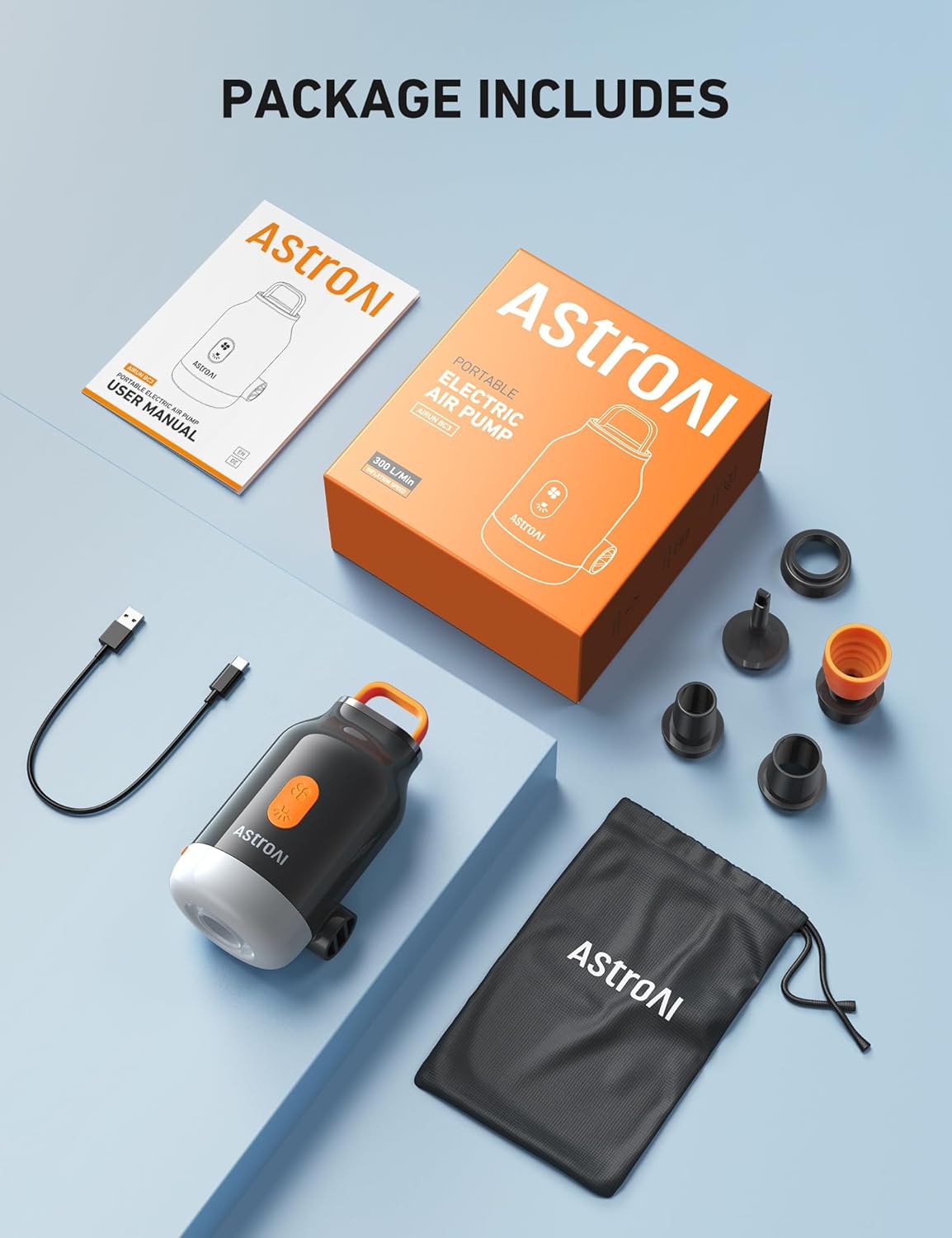 AstroAI Mini Air Pump for Inflatables with 3000mAh Battery Air Mattress Pump with Camping Lantern Electric Air Pump with 5 Nozzles Inflate & Deflate Air Mattress, Vacuum Storage Bags