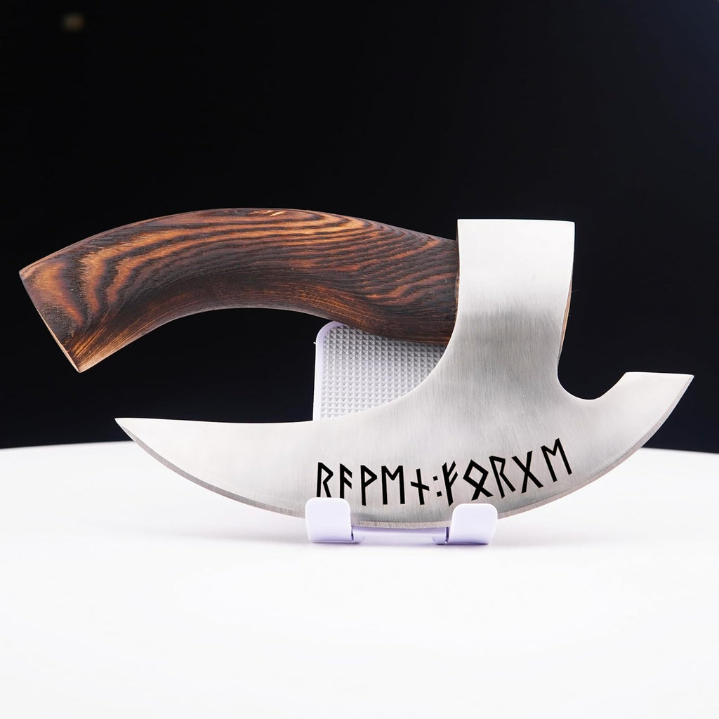 H&A CRAFTS® Viking Pizza Axe With Leather Sheath Medieval Engraved Hatchet Handmade Unique Cutter Wood Handle Original Sharp Slicer Kitchen Tomahawk Runes Forge Cutting Ax Camping Rocking Gift