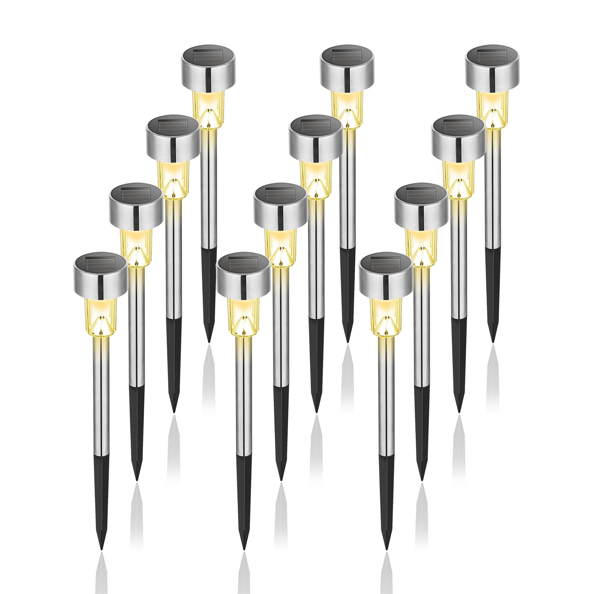 GIGALUMI Solar Lights Outdoor Waterproof, 12 Pack, Stainless Steel LED Solar Garden Lights for Patio, Lawn, Yard and Landscape, Cold White