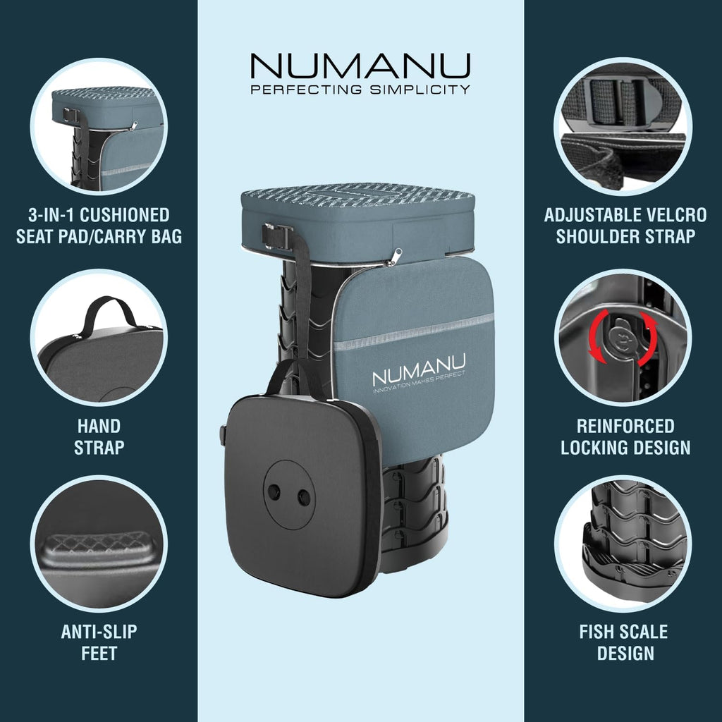 NUMANU 2025 Upgraded Square Collapsible Stool & 3IN1 Cushioned Carry Bag, Adjustable Height Folding Stool, Telescopic Camping Chair Retractable Seat or Footrest for Outdoors & Travel, 18" Max 620lbs