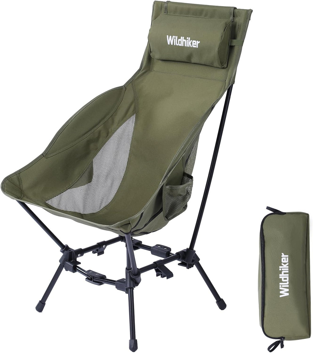 Wildhiker Portable High Back Folding Camping Chairs – Compact with Dual Sitting Modes, Pillow, Arm Pads and Side Pockets – Lightweight Chair for Motorcycle, RV, Festival, Travel – Green