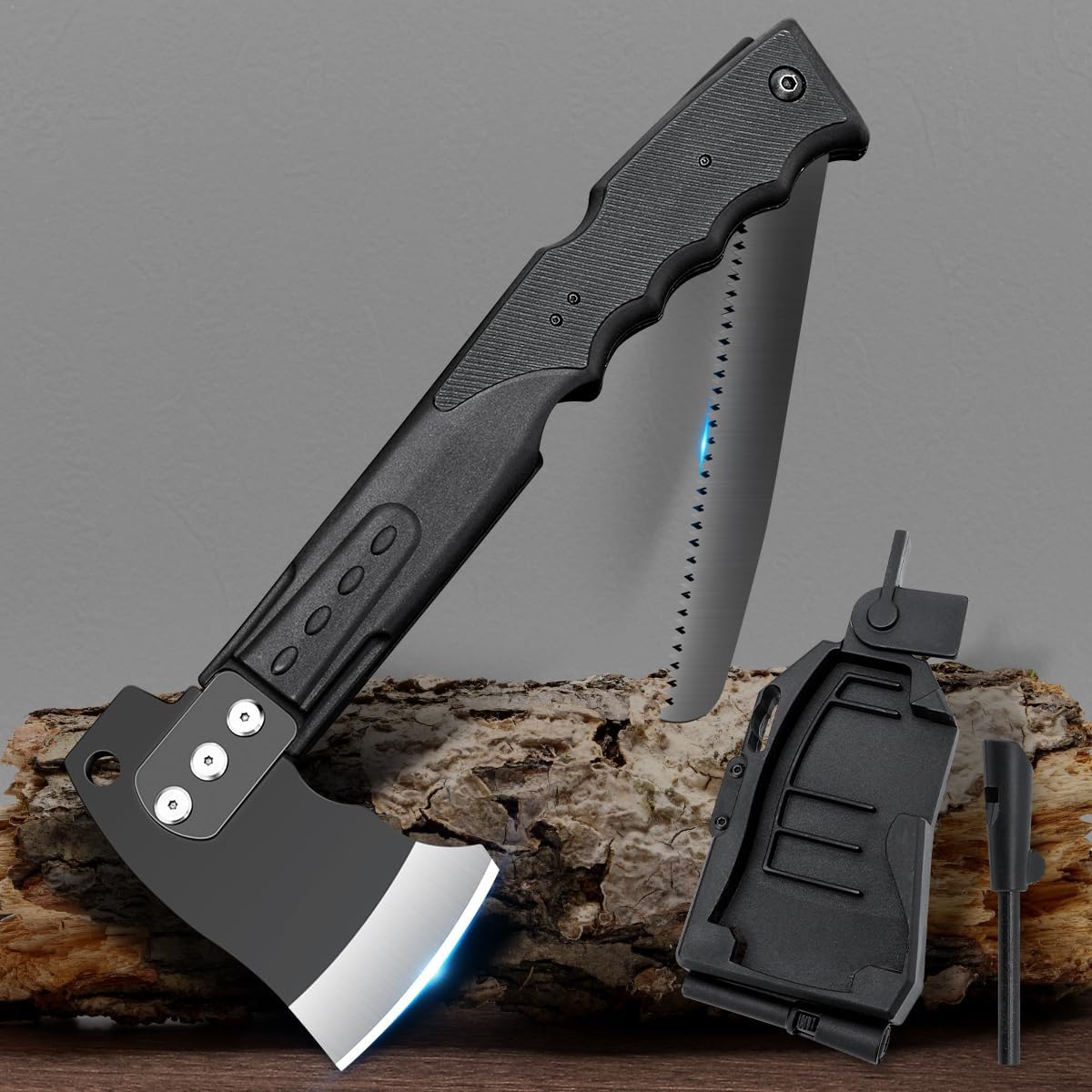 Multifunctional Hammer Head Axe Survival Tactical Tool - Folding Saw, Flintstone Whistle with Axe Sheath - Camping Hatchet for Outdoor Hiking