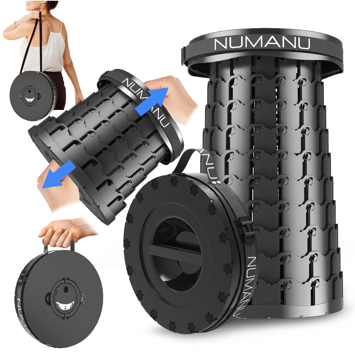 NUMANU 2025 Upgraded Square Collapsible Stool & 3IN1 Cushioned Carry Bag, Adjustable Height Folding Stool, Telescopic Camping Chair Retractable Seat or Footrest for Outdoors & Travel, 18" Max 620lbs